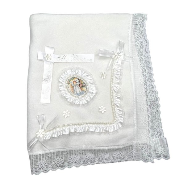 Unbranded Other - My Baptism Blanket White Christening Blanket Cotton/Fleece With Lace Trim